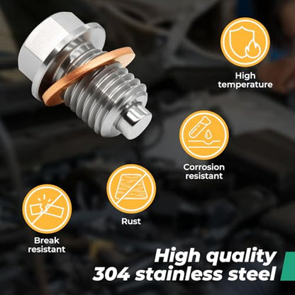 4PCS M14x1.5 Magnetic Engine Oil Drain Plug,Oil Drain Stainless Steel Nut Bolt with High-Temperature Neodymium Magnet,& 20PCS Copper Crush Washers Anti Leakage,for Most Cars,Motorcycles,Boats - size: 4PCS M14 x 1.5 drain plug & 20PCS Copper washers