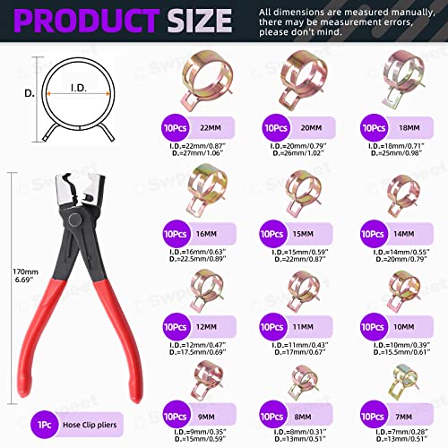 Swpeet 121Pcs 7-22mm Spring Band Hose Clamps with CV Boot Hose Clip Pliers Assortment Kit, Silicone Vacuum Hose Action Pipe Clamp Low Pressure Air Clip