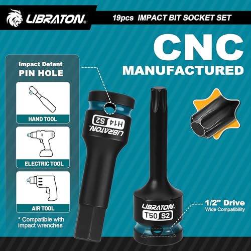 LIBRATON Impact HEX & TORX Bit Socket Set, 1/2" Dr, S2 Steel, 19PCS High Torque Sockets (H5-H19 + T30-T80) for Professional Mechanics & Automotive Repair (XPE Storage Cases) - style: 19PCS Torx+Hex