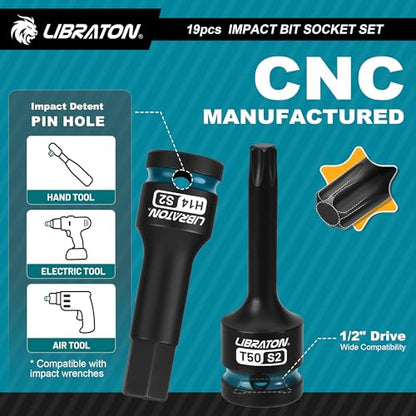 LIBRATON Impact HEX & TORX Bit Socket Set, 1/2" Dr, S2 Steel, 19PCS High Torque Sockets (H5-H19 + T30-T80) for Professional Mechanics & Automotive Repair (XPE Storage Cases) - style: 19PCS Torx+Hex