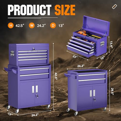 Oakcloud Lockable 8-Drawer Rolling Tool Chest & Cabinet Combo with Black Liner – Heavy-Duty Steel Garage Tool Box on Wheels – Detachable Top Toolbox & Bottom Storage Cart with Side Hooks, Purple - color: Purple, size: 8-Drawer