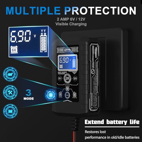 COREBOX Battery Charger 2-Amp 6V/12V Smart Trickle Charger for Car - Battery Maintainer Trickle Charger, and Automotive Battery Charger with Temperature Compensation for Car Truck Motorcycle