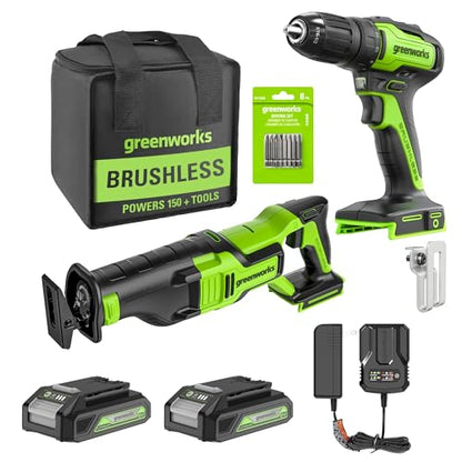 Greenworks 24V Brushless 2 pcs Cordless Power Tool Combo Kit, Include 310 in./lbs Drill Driver 18+1 Position Clutch, 1/2 '' Keyless Chuck, 1-1/8" Reciprocating Saw, 2 x 2Ah Batteries and 1× Charger - size: 2PCS Combo Kits(Drill+Recip Saw)