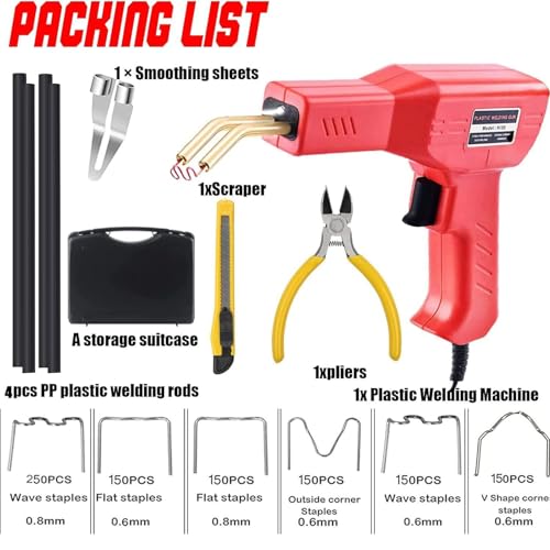 Plastic Welder,2 in 1 Plastic Welding Repair Kit with 1000pcs Hot Staples,4pcs Plastics Welding Rods,knife,Plier, Hot Staples Weld Gun Repair Kit for Car Bumper And Most Plastics(Red) - color: Red, size: 150w
