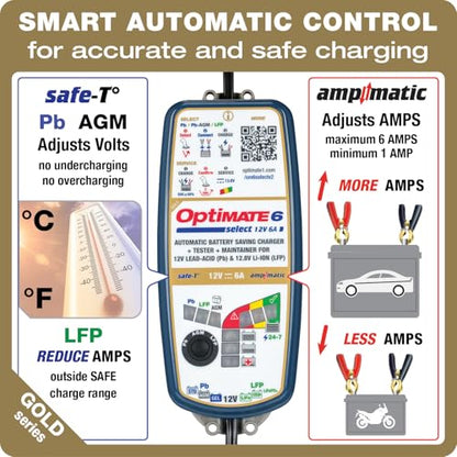 OptiMate6 Select v2 Gold Series: 6A 12V Automatic Battery Saving Charger, Tester & 24-7 Maintainer with Ampmatic & Temp Regulated smart Control & Lead-Acid, AGM & Lithium Battery Modes & Service Mode