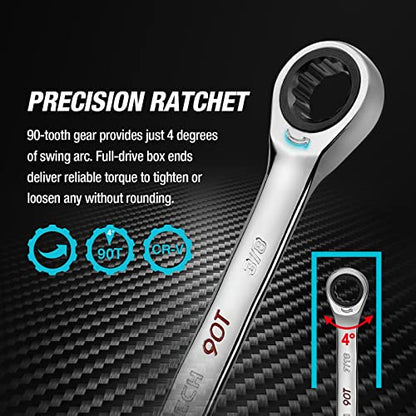 DURATECH 90-Tooth Ratcheting Wrench Set, Combination Wrench Set, 8-Piece, SAE, 5/16"-3/4", CR-V Steel, Organized in Wrench Rack - size: SAE