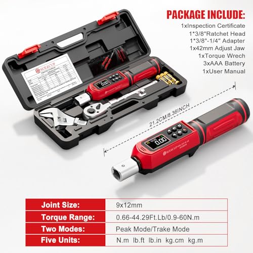 SUERCUP 9x12 mm Adjustable Digital Torque Wrench, 0.66-44.29Ft.Lb/0.9-60N.m | Interchangeable Open End Head 42mm Jaw & 3/8" Ratchet, Vibration/Buzzer/LED Alert, for Split AC, HVAC, Bike & Moto Repair - size: 0.66-44.29Ft.Lb/0.9-60N.m(9x12 mm)
