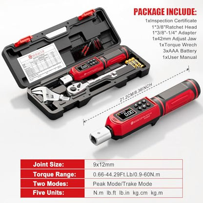 SUERCUP 9x12 mm Adjustable Digital Torque Wrench, 0.66-44.29Ft.Lb/0.9-60N.m | Interchangeable Open End Head 42mm Jaw & 3/8" Ratchet, Vibration/Buzzer/LED Alert, for Split AC, HVAC, Bike & Moto Repair - size: 0.66-44.29Ft.Lb/0.9-60N.m(9x12 mm)