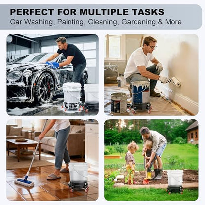 2-Pack Professional Car Wash Bucket Dolly Detailing Station, 310 lbs Heavy Duty Reinforced Polymer Bucket Stand, 5 Swivel Casters & 2 Brakes, Fits 5 Gallon Buckets, 2 Wash Mitts Included