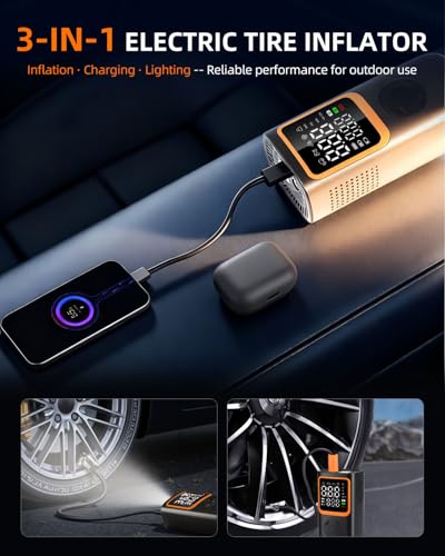 Tire Inflator Portable Air Compressor - 6000 mah & 150 Psi Air Pump for Car Tires with Pressure Gauge & Led Light, Faster Inflation Mini Compressor for Car, Bicycles, Motorcycle