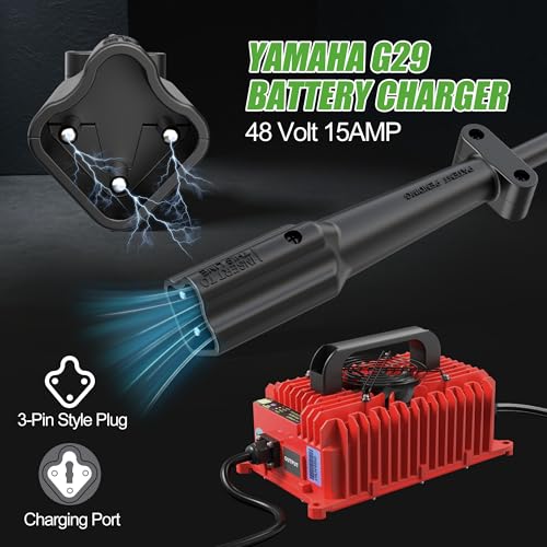 10L0L 48V 15A Golf Cart Battery Charger for Yamaha G29 Drive & Drive 2, 3-Pin Leaf Plug, Smart Charger for 48V Lead-Acid, Lithium and LiFeP04 Batteries, IP67 Waterproof - Red - color: Red