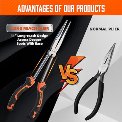 HORUSDY 3-Piece 11 Inch Long Reach Needle Nose Pliers Set, Extra Long Straight, 45° & 90° Bent Nose Pliers with 3 Magnetic Plier Racks and Roll-Up Storage Bag for Tight Spaces