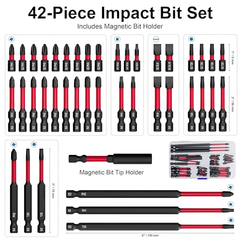 42-Piece Impact Screwdriver Bit Set, S2 Steel Magnetic Impact Driver Bits | with 1/4" Hex Bit Holder, Heavy Duty Drill Bit Set for Power Drill, Impact Driver, DIY & Home Repair - style: 42Pcs Screwdriver Bits Set