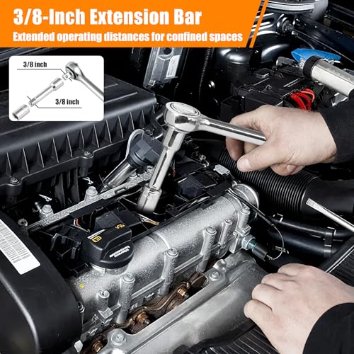 40 Pieces 1/4-Inch & 3/8-Inch Entry-level Drive Socket Set with Reversible Ratchet, Wrench Set with Extension bar, SAE/Metric for Starter Socket Wrench Set for Light Duty Use