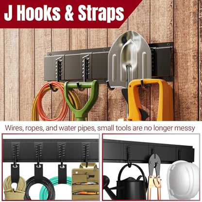 66" Garage Tool Organizer Wall Mount,20 PCS Wall Mounted Garden Tool Storage Rack Carries 720lbs, 4-Panel Steel Tool Hanger System for Shovels Rakes Brooms – Fits 16" Wall Studs - size: 66" | 4 Panels+12 Hooks+4 Straps