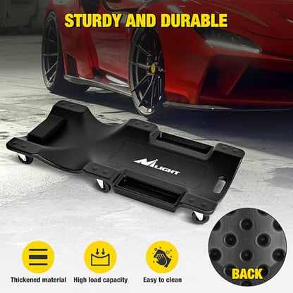 Nilight 40" Mechanic Plastic Creeper -40 Inches Blow-Molded Rolling Garage Cart with Padded Headrest, Dual Tool Trays and 6 Casters, Black - color: Black
