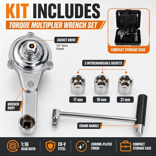 Labor Saving Torque Multiplier Wrench Set, 1:16 Ratio Lug Nut Remover with 1/2" Drive, Heavy Duty Lug Wrench for Loosening Stubborn Wheel Nuts, Includes 17/19/21mm & SAE Sockets for Cars, SUV, RV