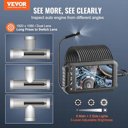 VEVOR Endoscope Camera with Light, Triple Lens Borescope with 49.2FT Semi-Rigid Cable, 5" Screen 1080P Inspection Camera, 8 + 2 LED Lights, IP67 Waterproof Snake Cameras for Auto, Plumbing (32GB Card) - size: 5" IPS Screen-49.2FT