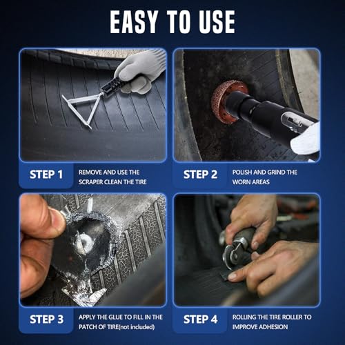 Air Tire Repair Polish Patch Tools, Includes 2500 RPM Low Speed Air Tire Buffer, Inner Liner Scraper, Patch Roller, Tungsten Steel Buffing Wheel with 3 Connector for Tire Grinding Polishing - color: 15PCS