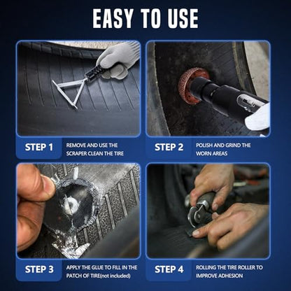 Air Tire Repair Polish Patch Tools, Includes 2500 RPM Low Speed Air Tire Buffer, Inner Liner Scraper, Patch Roller, Tungsten Steel Buffing Wheel with 3 Connector for Tire Grinding Polishing - color: 15PCS