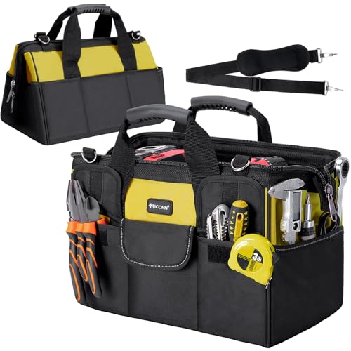 TICONN Heavy Duty Tool Bag with Multi-Pockets, Portable Tool Box Organizer Storage Bag, with Adjustable Shoulder Strap and Ergonomic Handle (Yellow, 14" Standard Base) - color: Yellow, size: 14" Standard Base