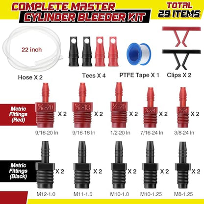 Enhon Master Cylinder Bleeder Kit Complete Brake Bleeder Kit with 22 in Clear Hose, Clip, PTFE Tape, SAE and Metric Fittings Universal Fit(29 Pcs)