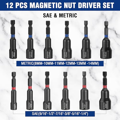 WORKPRO 12-Piece Magnetic Nut Driver Set, Premium Impact Power Hex Nut Driver Drill Bit Master Kit, SAE (1/4" to 9/16") and Metric (6-14mm), 1/4" Hex Shank and Quick-Change, Cr-V Steel - size: 12PCS Magnetic Nut Driver Set