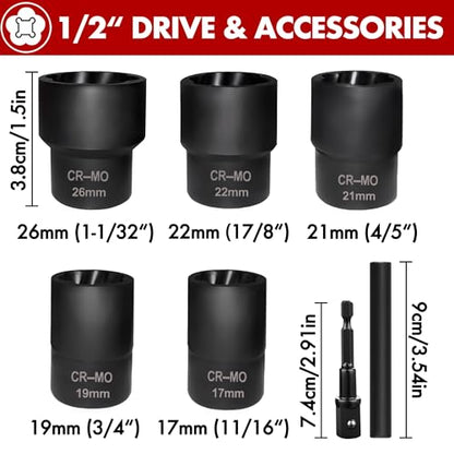 7 PCS Lug Nut Remover Socket Set Heavy Duty 1/2" Drive Wheel Lock Bolt Extractor Kit Large Size 17-26mm for Stripped, Damaged, Rounded Bolts and Fasteners, Cr-Mo Steel - style: 7pcs