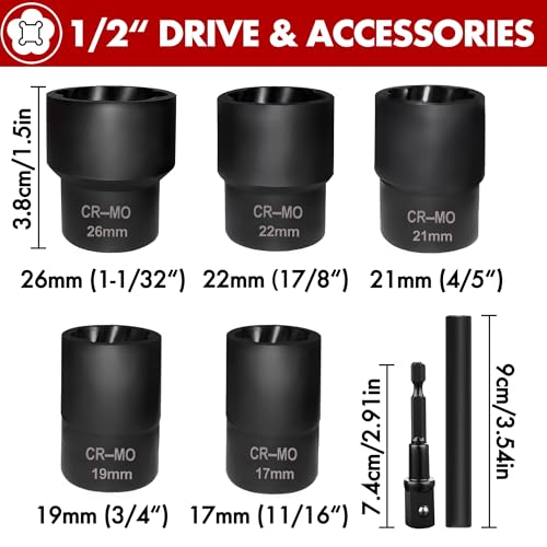 7 PCS Lug Nut Remover Socket Set Heavy Duty 1/2" Drive Wheel Lock Bolt Extractor Kit Large Size 17-26mm for Stripped, Damaged, Rounded Bolts and Fasteners, Cr-Mo Steel - style: 7pcs