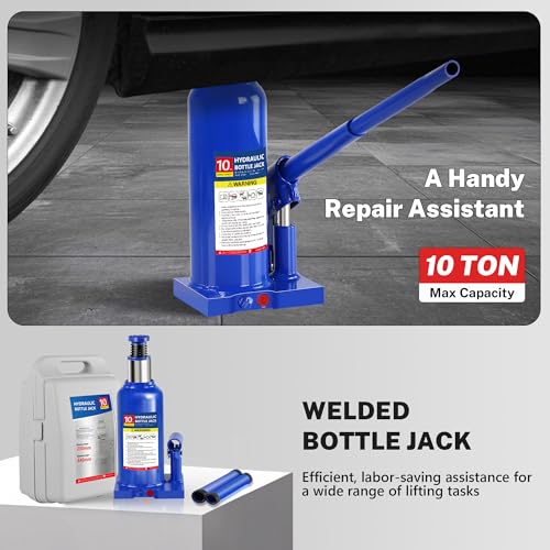 10T Hydraulic Bottle Jack, 20,000 lbs, with Tire Kit | Welded steel jack for box trucks & farm equipment. 9.06"-17.32" lift. Carry case. - color: 10 Ton Basic with Tire Repair Kit