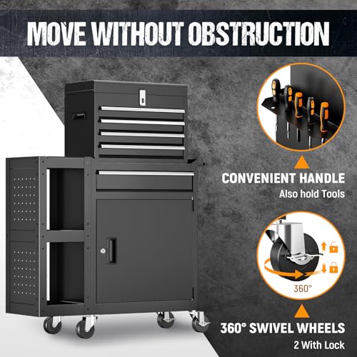 5 Drawers Rolling Tool Chest, Tool Box Protective Mat & Tool Rack, Garage Storage Cart with Side Cabinet, Detachable Top Metal Tool with Locking System for Garage - size: 5 Drawers-Black