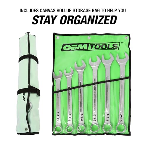 OEMTOOLS 22100 6-PC SAE Jumbo Combination Wrench Set, 1-1/16" to 1-7/16", 12 Pt. Box End Wrenches, 15° Offset for Knuckle Clearance, Chrome Plated Finish with Wrench Roll - style: 6 piece SAE