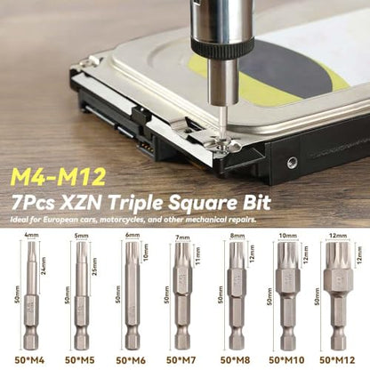 Yakamoz 7Pcs XZN Triple Square Bit Set - 1/4’’ Hex Shank Magnetic Spline Bit 12-Point Torx Screwdriver Bits for Electric Impact Tools, M4-M12, S2 Steel