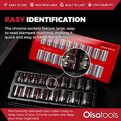 Olsa Tools Metric Shallow Socket Set - 1/2-Inch Drive, 18pc - 6-Point Chrome Sockets from 10mm–27mm and No Skipped Sizes - Mechanic Shallow Metric Socket Set - Professional Grade Sockets - Part: 1326 - color: Metric Shallow, size: 18pc, 1/2-Inch Drive