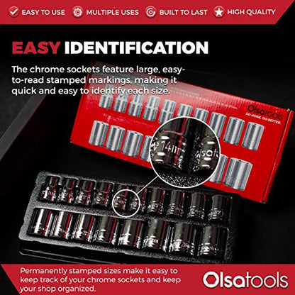 Olsa Tools Metric Shallow Socket Set - 1/2-Inch Drive, 18pc - 6-Point Chrome Sockets from 10mm–27mm and No Skipped Sizes - Mechanic Shallow Metric Socket Set - Professional Grade Sockets - Part: 1326 - color: Metric Shallow, size: 18pc, 1/2-Inch Drive