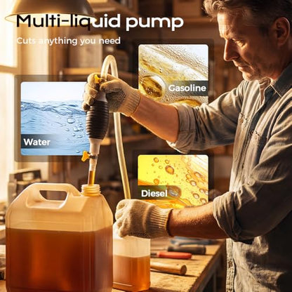 Multifunctional Liquid Siphon Pump, Manual Hand Pump for Gasoline Diesel Water, Double Stop Valve Leak-Free Transfer, Oil Extractor with Hose for Car Motorcycle Boat (3.3-Feet Hose)