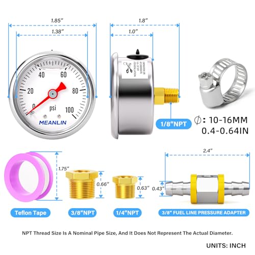 MEANLIN MEASURE 0-100Psi Stainless Steel Glycerin Filled Pressure Gauge 1/8" NPT 1.5" FACE DIAL, with 3/8" Barb Pressure Adapter Liquid Filled Pressure Gauge (9Pieces Kit, Back Mount) - size: 0-100Psi