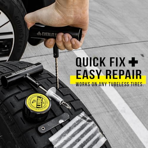 EVERLIT All-in-One Tire Repair Kit with Air Compressor – 150 PSI Portable Cordless Tire Inflator & Plug Kit – Flat Tire Emergency Roadside Kit for Car, SUV, Truck & Motorcycle Fast Repair & Inflation