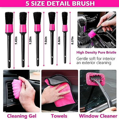 ThinkLearn Car Cleaning Kit, Car Corded Vacuum Detailing Kit Interior with High Power Handheld Vacuum, Including 7Pcs Detailing Brush Set, Windshield Cleaner, Pink Car Accessories for Women