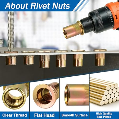188Pcs 1/4"-20 Rivet Nut Kit Zinc Plated Carbon Steel Rivnut Flat Head Knurled Rivet Nuts Threaded Insert Nutsert 1/4 RIV Nut for Metal Automotive DIY - size: 1/4 -20 188pcs