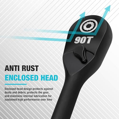 DURATECH Extra Long Handle 3/8-Inch Drive Ratchet, 90-Tooth Ratchet Wrench with 12" Handle and Dust Proof Teardrop Enclosed Head, Reversible, CR-V Made, CR-MO Head, 4° Swing, Black Mn Phosphate Finish - size: 3/8" with 12" handle