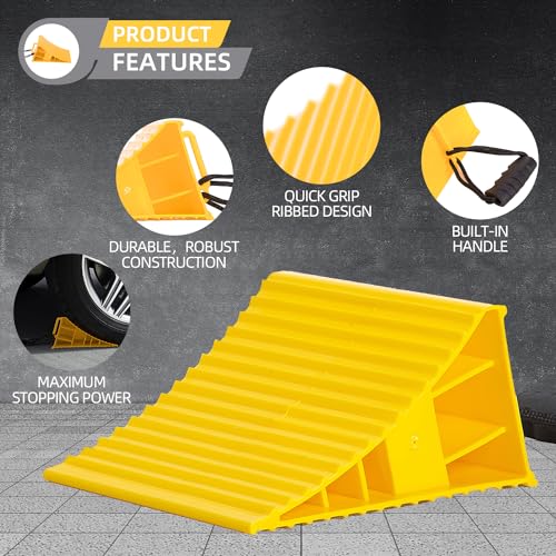 Homeon Wheels RV Camper Large Wheel Chocks Extra Wide with Handle and Rope for Travel Trailers, Cars, Tire Chocks Blocks 2 Packs Hard Plastic Heavy Duty(Yellow) - color: Yellow Large Chocks