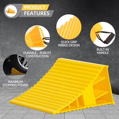 Homeon Wheels RV Camper Large Wheel Chocks Extra Wide with Handle and Rope for Travel Trailers, Cars, Tire Chocks Blocks 2 Packs Hard Plastic Heavy Duty(Yellow) - color: Yellow Large Chocks
