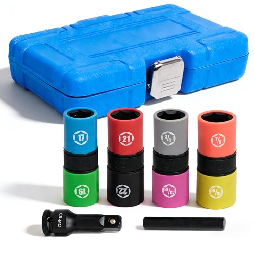 6Pcs Drive Lug Nut Socket Set, 17 19 21 22 mm & 3/4" 13/16" 7/8" 15/16" | 1/2" Thin Wall Impact Flip Sockets for Wheel lug Nuts with Non-Marring Sleeves,Knockout Bar & Extension CR-MO - color: 6pcs