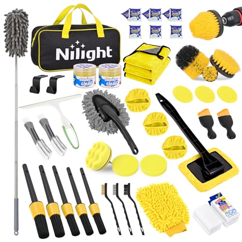 Nilight 52PCS Car Detailing Kit Auto Cleaning Tools Wash Set with Storage Carry Bag Home Use for Interior Exterior Deep Clean Polish Car Care Windshield Dashboard Seat Air Vents Wheels Tires, Yellow - color: 52PCS Set, Yellow