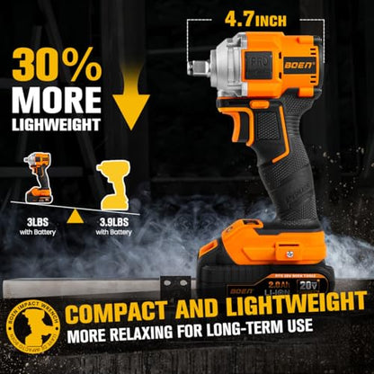 boen 260FT-LBS(350N.m) Cordless Impact Wrench 1/2 inch, Lightweight Brushless Electric Impact Gun, 2500RPM for Home Repair, Includes 2.0Ah Battery×1, Charger, IW-79 - size: 260FT-LBS(350N.m)