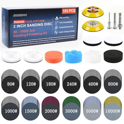 193 Pcs 2 Inch Sanding Discs, Headlight Restoration Polishing Kit | 80-10000 Grit Wet Dry Hook & Loop Sandpaper, Drill Sanding Attachment with Rotary Tools for Auto, Glass & Resin Expoxy - style: 2 Inch-193Pcs