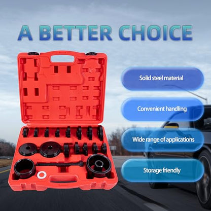 23pcs FWD Front Wheel Drive Bearing Adapters Puller Press Set Replacement Wheel Bearing Removal Tool Bushing Driver Set Automotive Mechanics Tool Kit