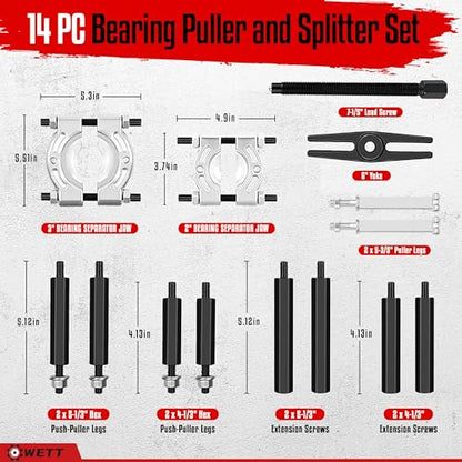 WETT Bearing Puller and Splitter Set, 14-Piece Heavy Duty Pinion Wheel Removal Hub Axle Bearing Puller Tool Set, 5 Ton Capacity Bearing Separator with 2" & 3" Bearing Separator Jaws