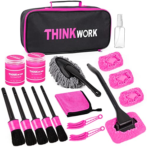 THINKWORK Pink Car Duster Interior Kit, Perfect Car Detailing Brush Kit for Cleaning Windows,Windshield,Dashboard and Air Vents Suitable for All Cars - color: Pink